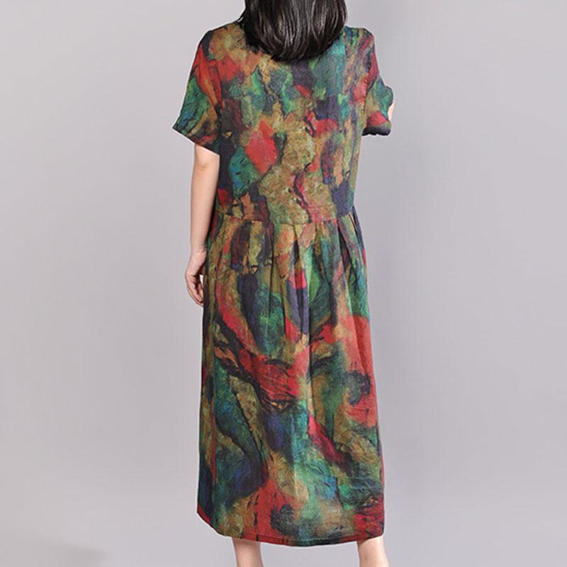 Stylish Cotton Caftans Oversize Short Sleeve Printed Summer Round Neck Cotton Dress