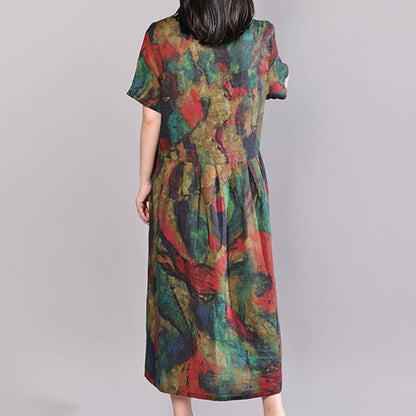 Stylish Cotton Caftans Oversize Short Sleeve Printed Summer Round Neck Cotton Dress