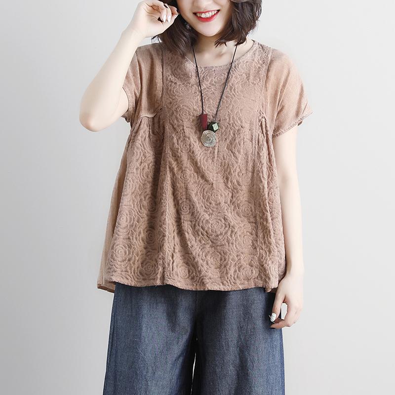 Stylish Cotton Shirts Clothing Summer Short Sleeve Beige Boat Neck Blouse