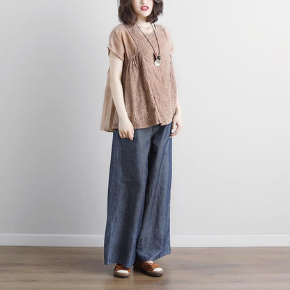 Stylish Cotton Shirts Clothing Summer Short Sleeve Beige Boat Neck Blouse