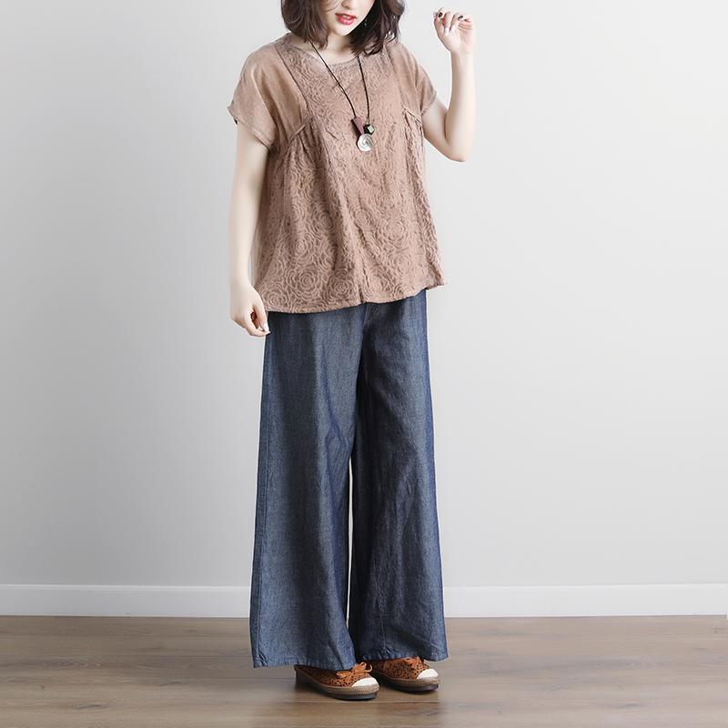 Stylish Cotton Shirts Clothing Summer Short Sleeve Beige Boat Neck Blouse