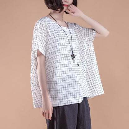 Stylish Cotton Summer Top Clothing Short Sleeve Plaid Summer White Tops