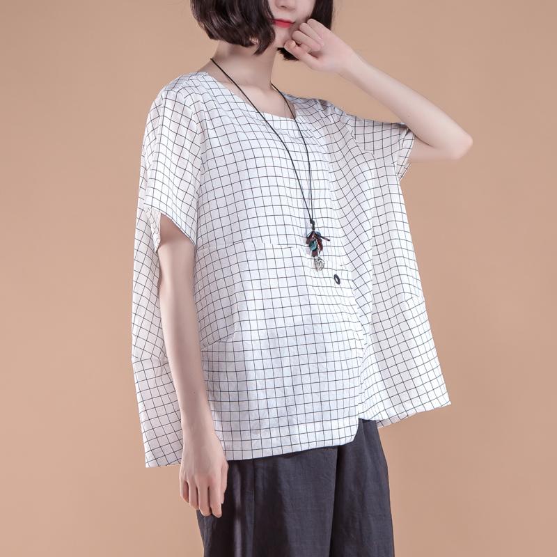 Stylish Cotton Summer Top Clothing Short Sleeve Plaid Summer White Tops