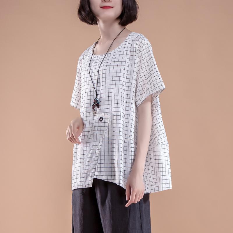 Stylish Cotton Summer Top Clothing Short Sleeve Plaid Summer White Tops