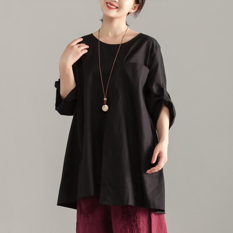 Stylish Cotton Summer Toploose Fitting Short Sleeve Black Pocket Long Tops