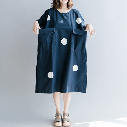 Stylish Dark Blue Dotted Natural Cotton Dress Holiday Dresses Short Sleeve O Neck Baggy Dresses