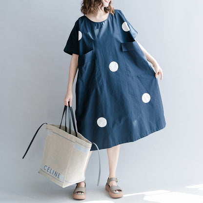 Stylish Dark Blue Dotted Natural Cotton Dress Holiday Dresses Short Sleeve O Neck Baggy Dresses