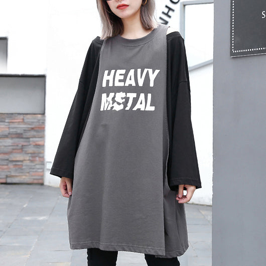 Stylish Gray Cotton Blended Blouse Oversized O Neck Holiday Tops Fine Patchwork Fake Two Pieces Cotton Blended Blouses