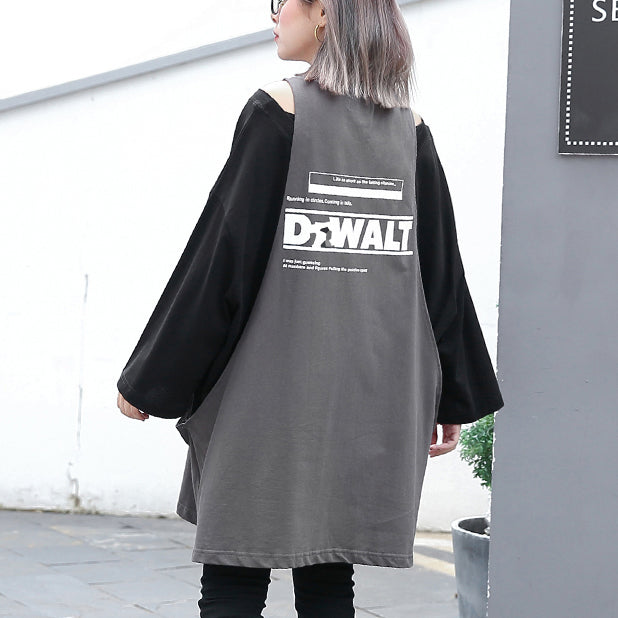 Stylish Gray Cotton Blended Blouse Oversized O Neck Holiday Tops Fine Patchwork Fake Two Pieces Cotton Blended Blouses