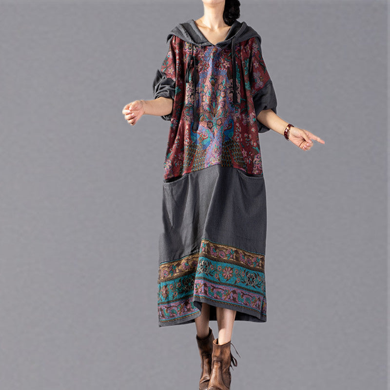 Stylish Gray Print Oversize Hooded Baggy Maxi Dress Fine Patchwork Cotton Dresses