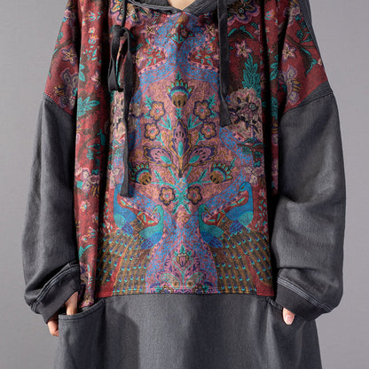 Stylish Gray Print Oversize Hooded Baggy Maxi Dress Fine Patchwork Cotton Dresses