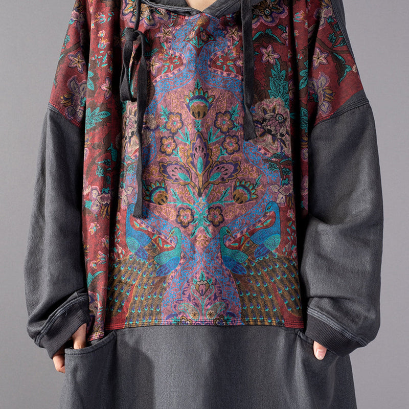 Stylish Gray Print Oversize Hooded Baggy Maxi Dress Fine Patchwork Cotton Dresses