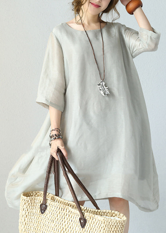 Stylish Gray Pure Silk Dresses Plus Silk Clothing Dresses O Neck Half Sleeve Midi Dress