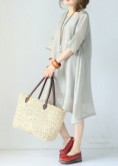 Stylish Gray Pure Silk Dresses Plus Silk Clothing Dresses O Neck Half Sleeve Midi Dress