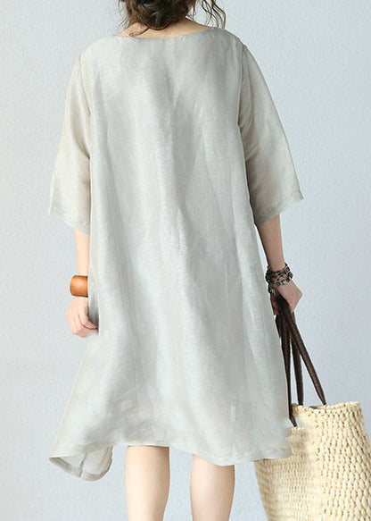 Stylish Gray Pure Silk Dresses Plus Silk Clothing Dresses O Neck Half Sleeve Midi Dress