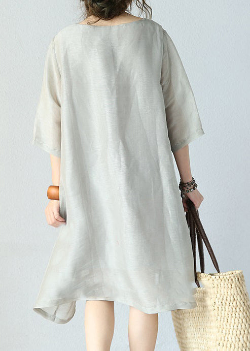 Stylish Gray Pure Silk Dresses Plus Silk Clothing Dresses O Neck Half Sleeve Midi Dress