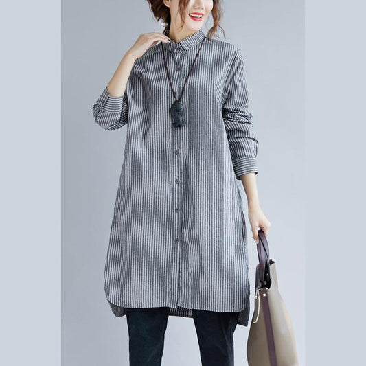 Stylish Gray Striped Cotton Linen Shirt Dress Shirt Dress Boutique Long Sleeve Pockets Turn-down Collar Patchwork Natural Cotton Linen Shirt Dress