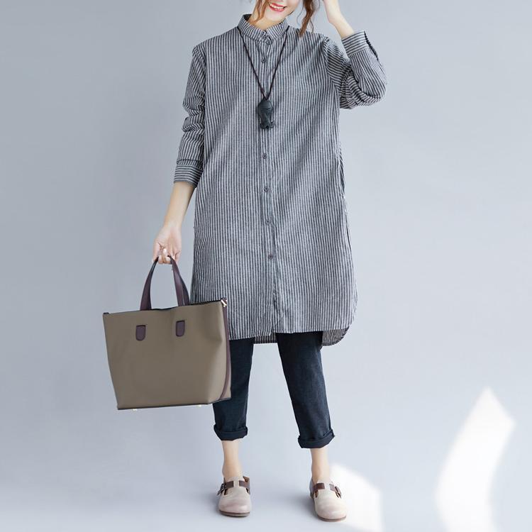 Stylish Gray Striped Cotton Linen Shirt Dress Shirt Dress Boutique Long Sleeve Pockets Turn-down Collar Patchwork Natural Cotton Linen Shirt Dress