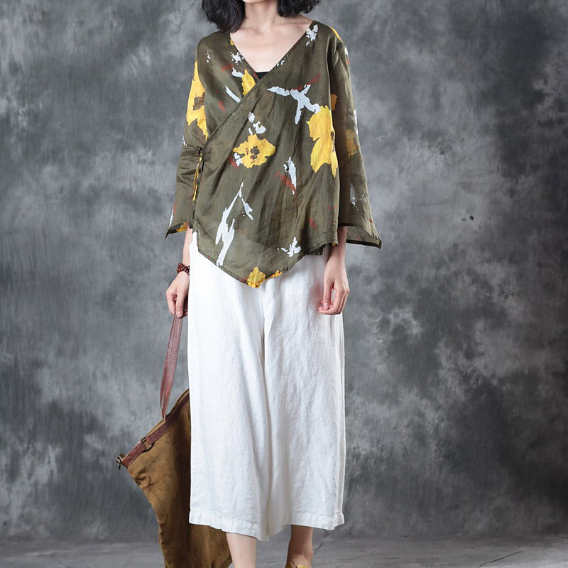 Stylish Green Print Linen Tops Oversize Traveling Blouse Fine Half Sleeve V Neck Tie Waist Linen Blouses