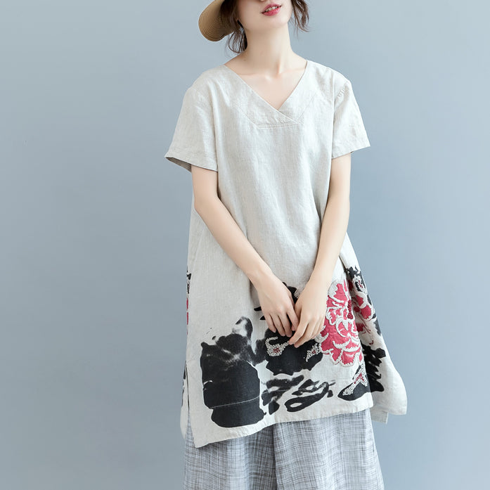 Stylish Khaki Print Linen Dress Clothing V Neck Caftans Batwing Sleeve Dresses