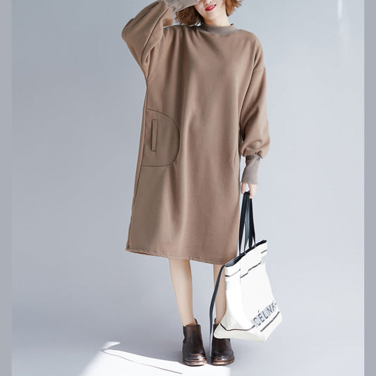Stylish Khaki Spring Cotton Dress Omychic Warm Long Sleeve Thick Holiday Dresses O Neck Cotton Clothing Dresses
