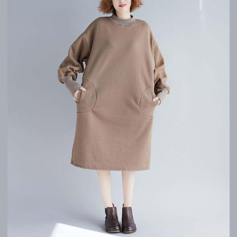 Stylish Khaki Spring Cotton Dress Omychic Warm Long Sleeve Thick Holiday Dresses O Neck Cotton Clothing Dresses