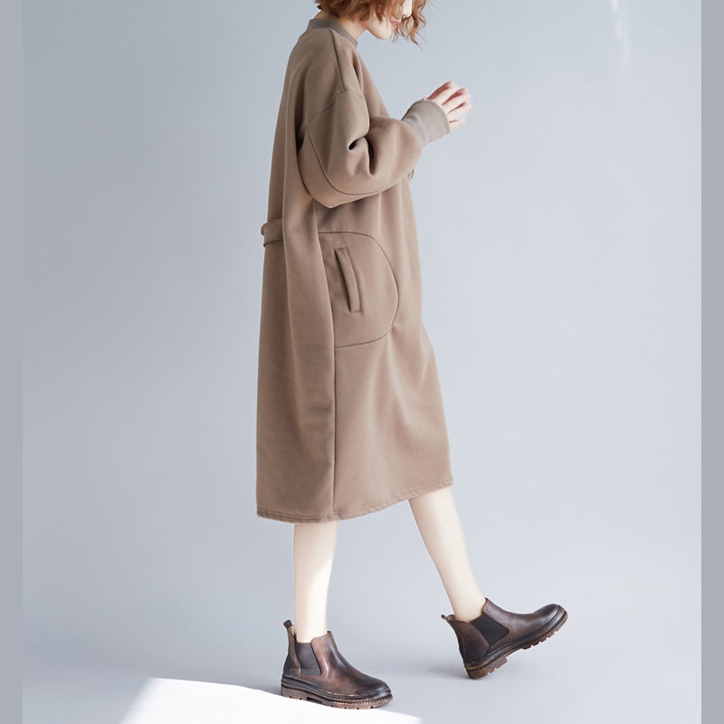 Stylish Khaki Spring Cotton Dress Omychic Warm Long Sleeve Thick Holiday Dresses O Neck Cotton Clothing Dresses
