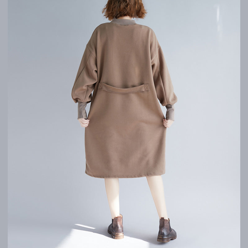 Stylish Khaki Spring Cotton Dress Omychic Warm Long Sleeve Thick Holiday Dresses O Neck Cotton Clothing Dresses