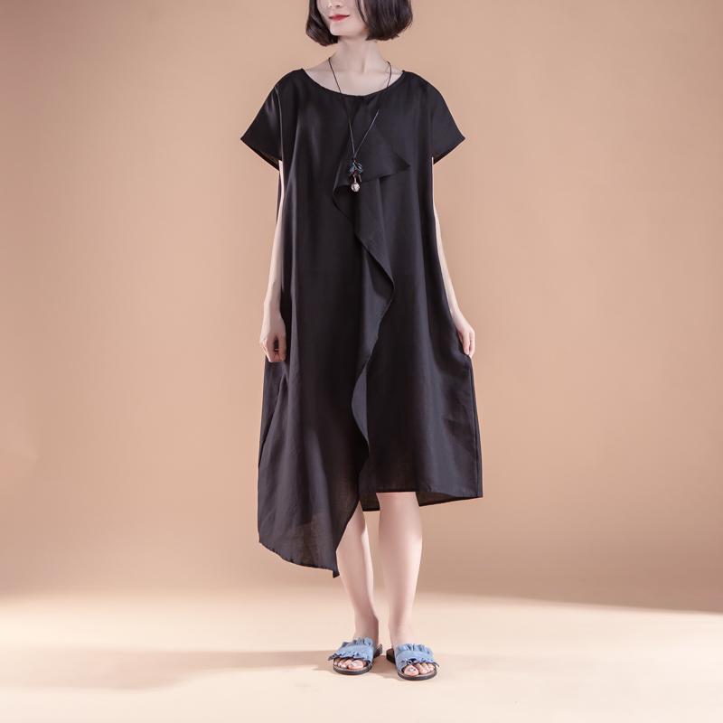 Stylish Linen Summer Dress Short Sleeve High-low Hem Summer Black Dress