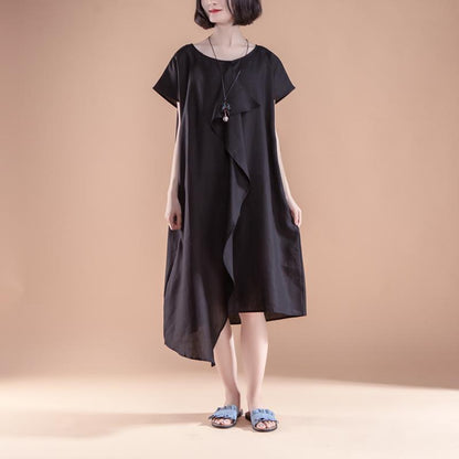 Stylish Linen Summer Dress Short Sleeve High-low Hem Summer Black Dress