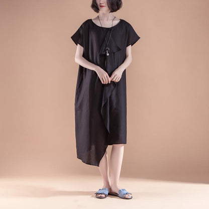 Stylish Linen Summer Dress Short Sleeve High-low Hem Summer Black Dress