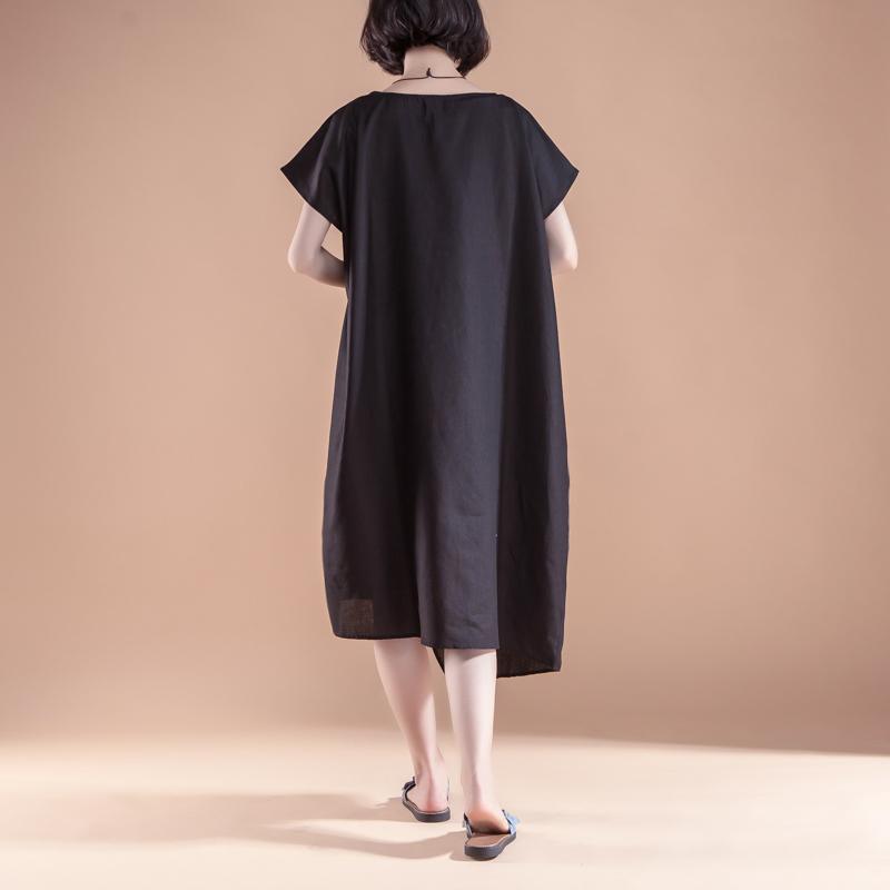 Stylish Linen Summer Dress Short Sleeve High-low Hem Summer Black Dress