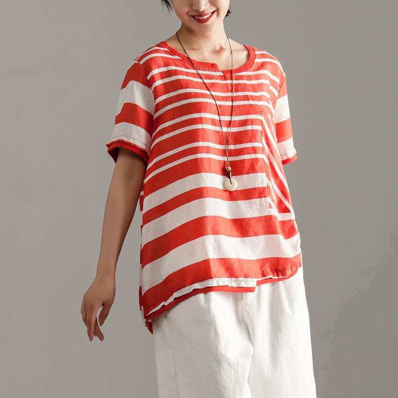 Stylish Linen Tops Over Sized Red Stripe Short Sleeve Summer Tops