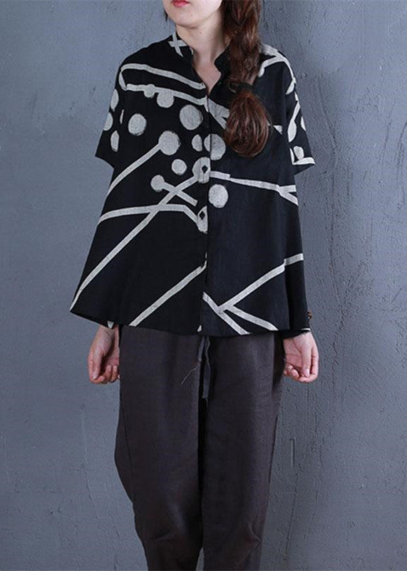 Stylish Linen Tops Oversize Stand Collar Printed Single Breasted Black Blouse