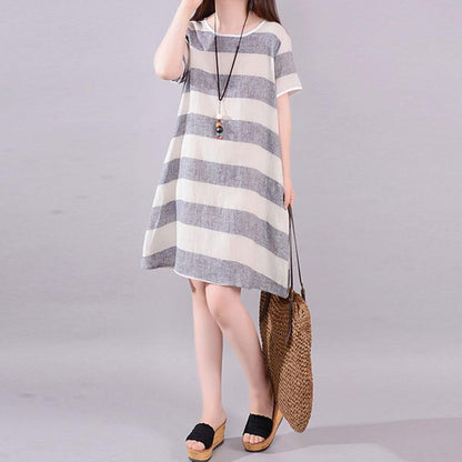 Stylish Long Linen Dresses Clothing Gray Stripe Short Sleeve Cotton Flax Dress