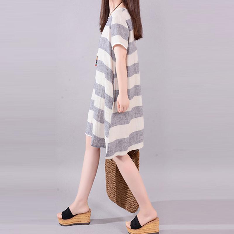 Stylish Long Linen Dresses Clothing Gray Stripe Short Sleeve Cotton Flax Dress
