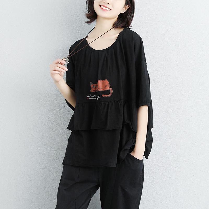 Stylish Natural Cotton T Shirt Loose Fitting Loose Cotton Round Neck Printed White Tops
