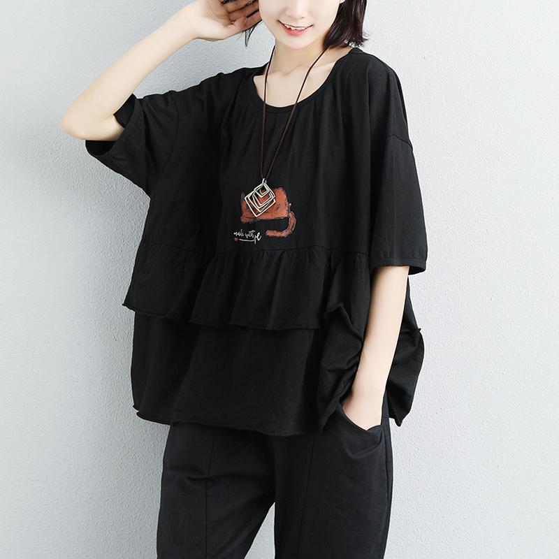 Stylish Natural Cotton T Shirt Loose Fitting Loose Cotton Round Neck Printed White Tops