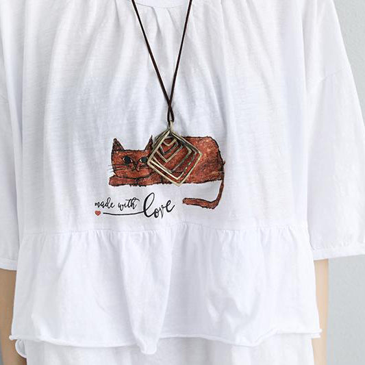 Stylish Natural Cotton T Shirt Loose Fitting Loose Cotton Round Neck Printed White Tops
