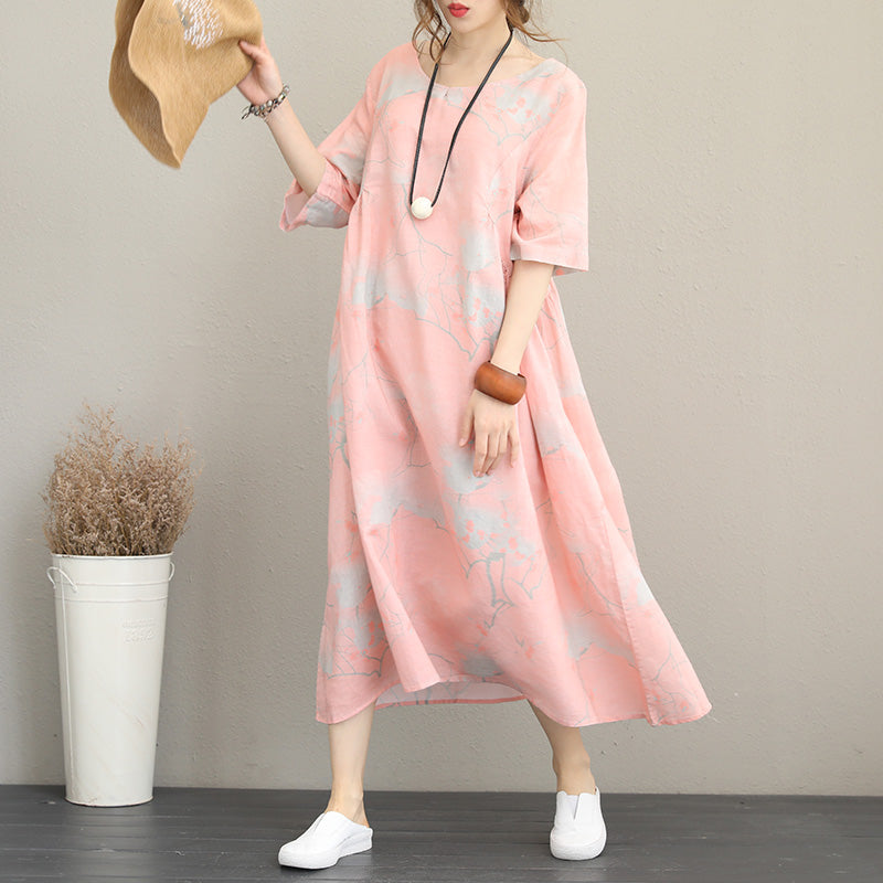 Stylish Pink Prints Long Linen Dresses Oversize O Neck Linen Clothing Dresses Half Sleeve Kaftans