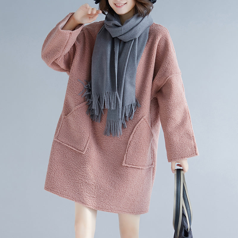 Stylish Pink Spring Cotton Dress Oversize Long Sleeve Thick Spring Dresses Big Pockets