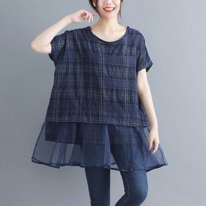 Stylish Plaid Grid Cotton Linen Tops Holiday Tops O Neck Batwing Sleeve Patchwork Midi Tops