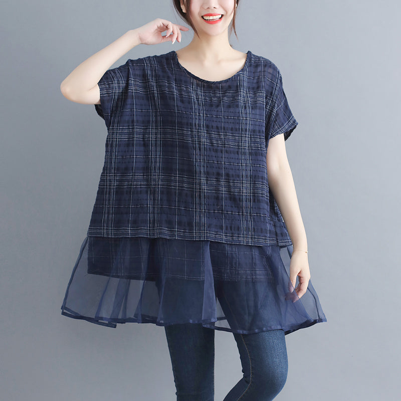 Stylish Plaid Grid Cotton Linen Tops Holiday Tops O Neck Batwing Sleeve Patchwork Midi Tops