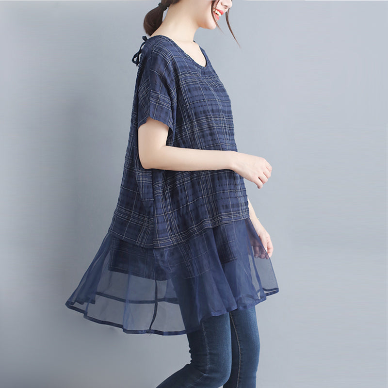 Stylish Plaid Grid Cotton Linen Tops Holiday Tops O Neck Batwing Sleeve Patchwork Midi Tops