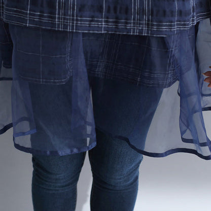 Stylish Plaid Grid Cotton Linen Tops Holiday Tops O Neck Batwing Sleeve Patchwork Midi Tops
