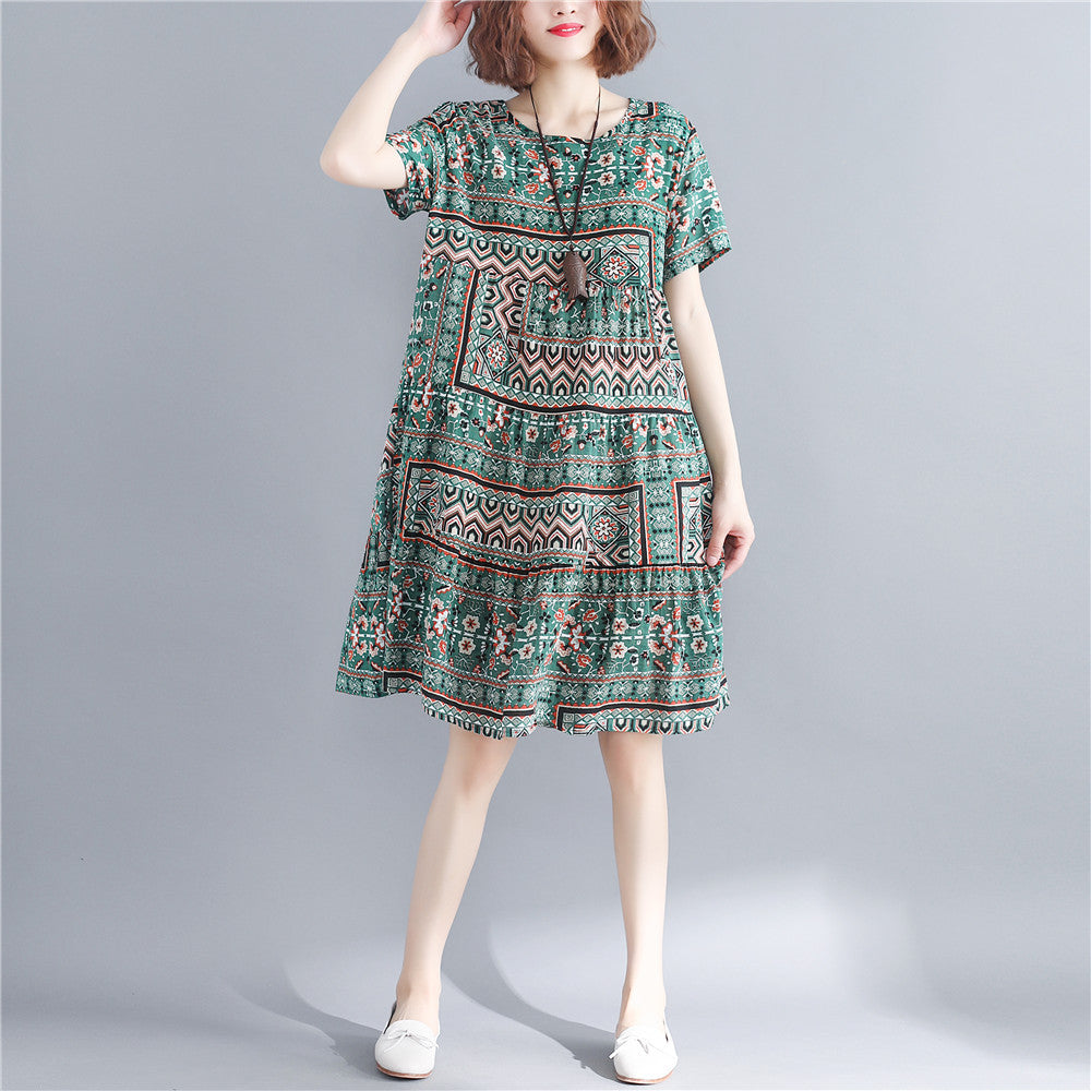 Stylish Print Cotton Linen Dresses Short Sleeve Baggy Dresses Fine O Neck Cotton Linen Dresses