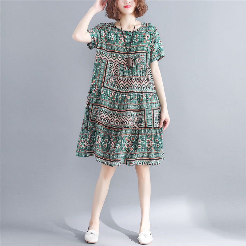 Stylish Print Cotton Linen Dresses Short Sleeve Baggy Dresses Fine O Neck Cotton Linen Dresses