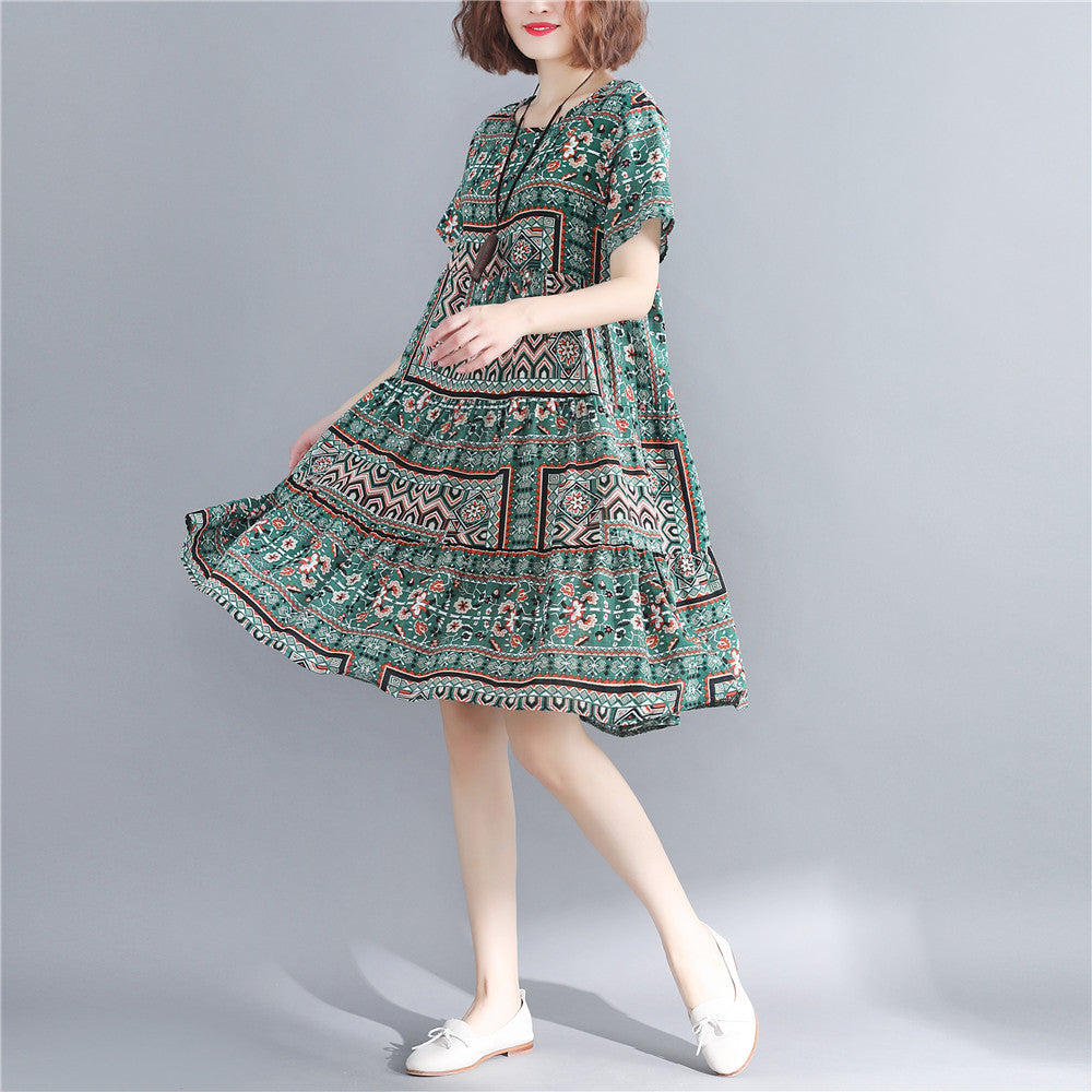 Stylish Print Cotton Linen Dresses Short Sleeve Baggy Dresses Fine O Neck Cotton Linen Dresses