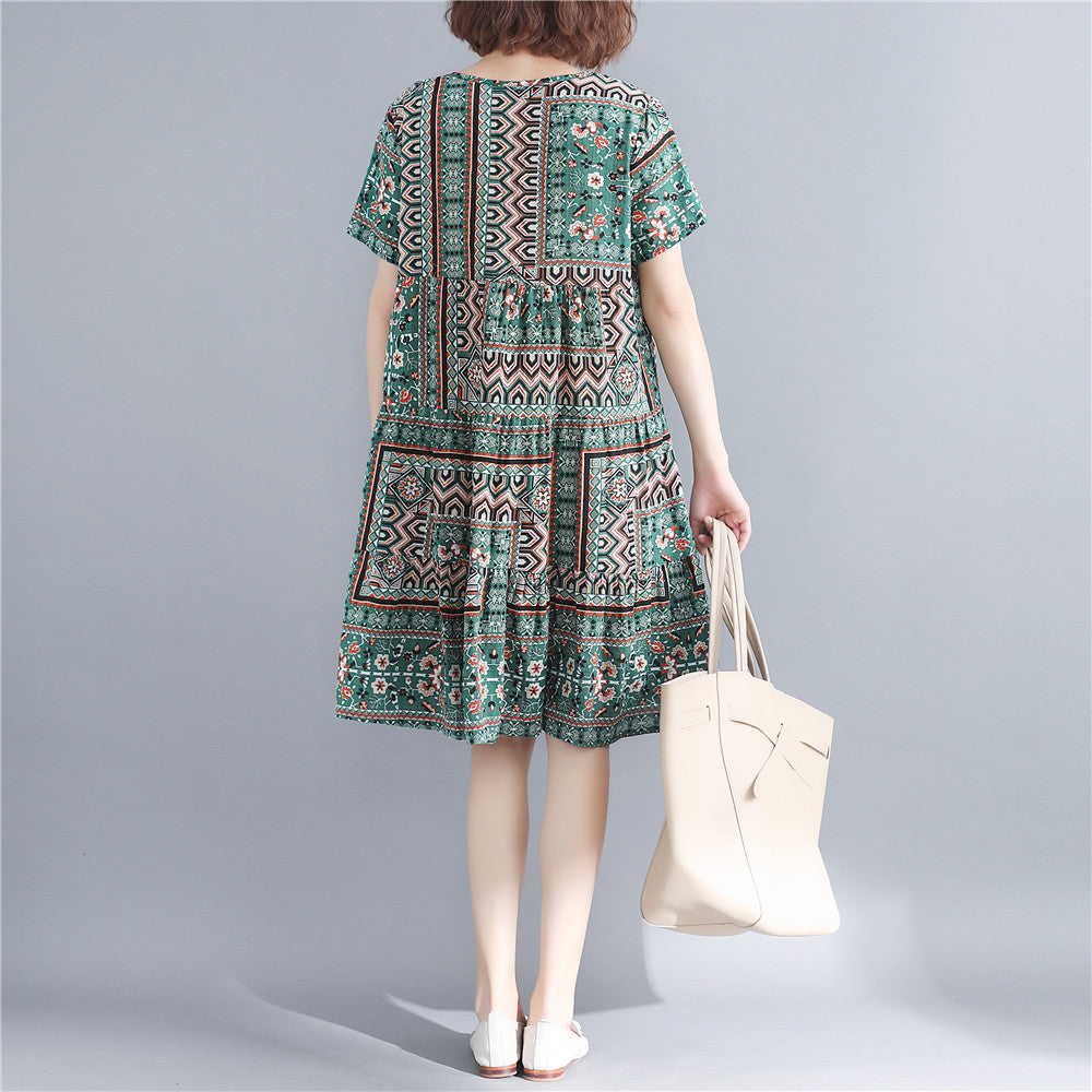 Stylish Print Cotton Linen Dresses Short Sleeve Baggy Dresses Fine O Neck Cotton Linen Dresses