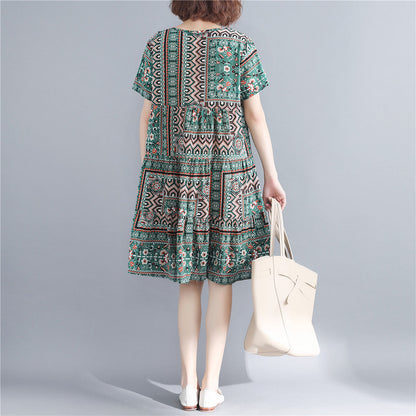 Stylish Print Cotton Linen Dresses Short Sleeve Baggy Dresses Fine O Neck Cotton Linen Dresses